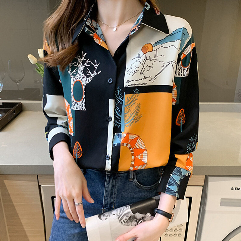 Vintage Shirt Women Korean Style Casual Printed Blouse Long Sleeve Chiffon Ladies Tops Loose Shirts