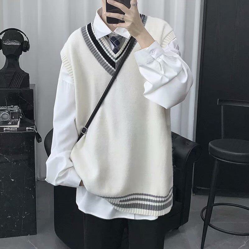 Men's autumn sleeveless knitted sleeveless, personalized color-blocking sweater vest, college style couple literary loose sweater, sleeveless sweater vest for men, wool vest vest, men's autumn and win